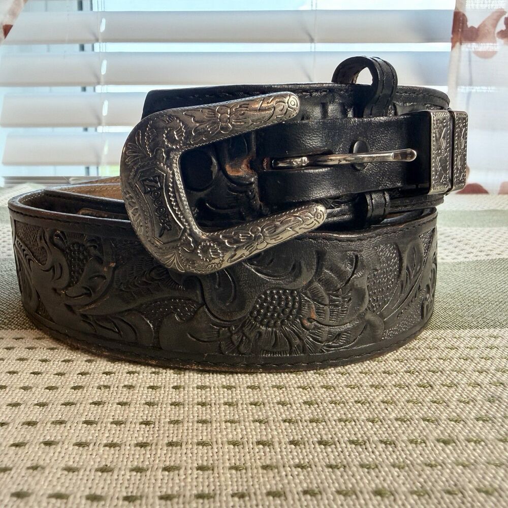 Nocona Vintage Black Leather Tooled Floral Belt Silver Buckle Size 42 / XL